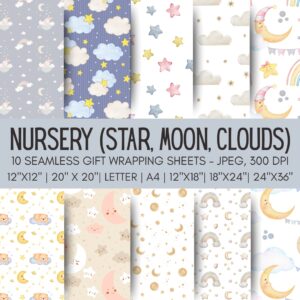 Star Moon Clouds Nursery Printable Gift Wrap