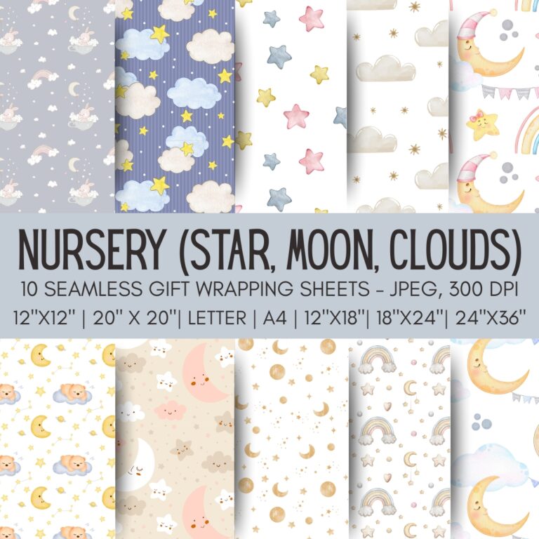 Star Moon Clouds Nursery Printable Gift Wrap